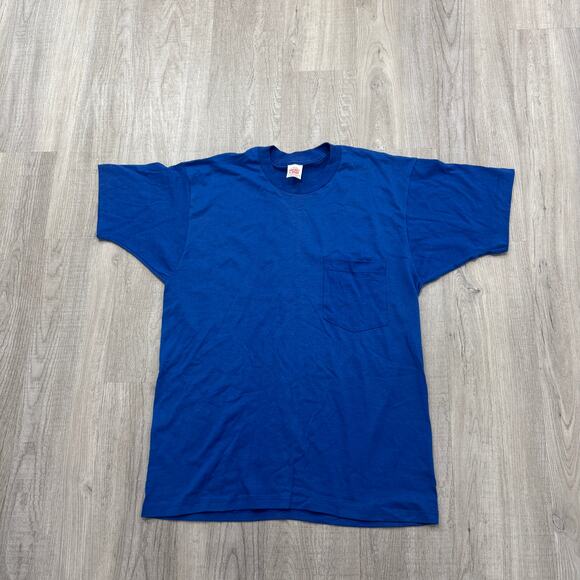 Vintage Pocket T-Shirt Men's Large Blue 90s Single Stitch USA Made Tee 1990s - Picture 1 of 7
